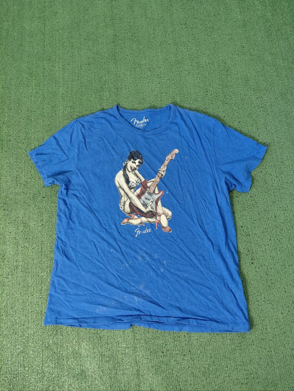Lucky Brand Fender Guitar Pin Up Girl Retro Music Blue T Shirt Sz Large